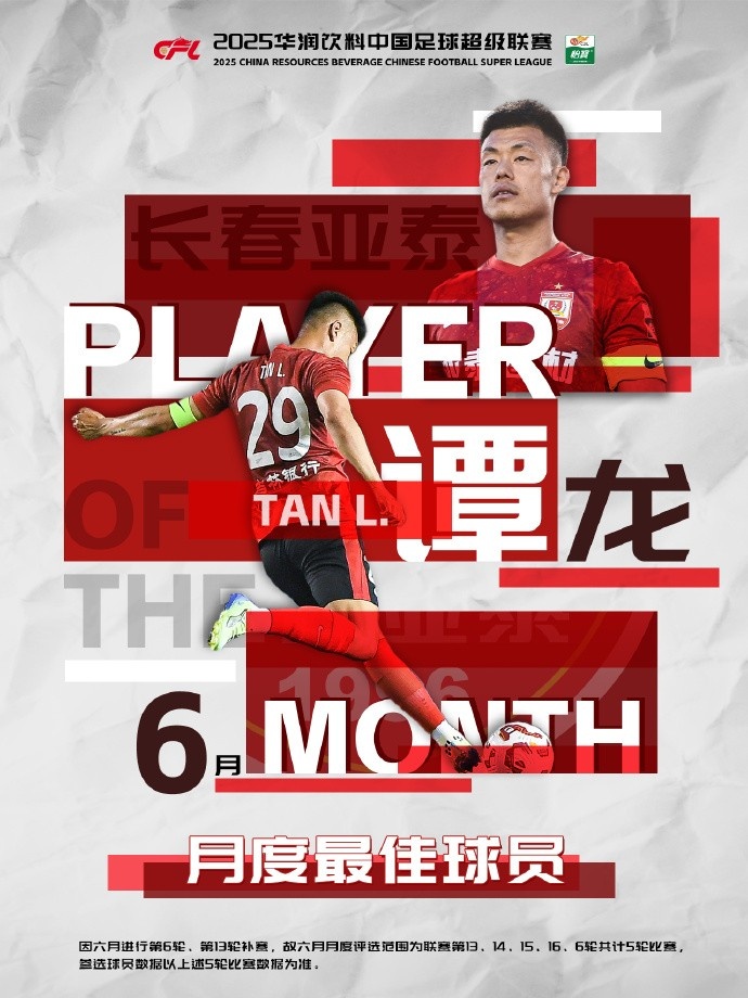必一运动官网-5场4球！中超官方：37岁长春亚泰前锋谭龙当选6月最佳球员